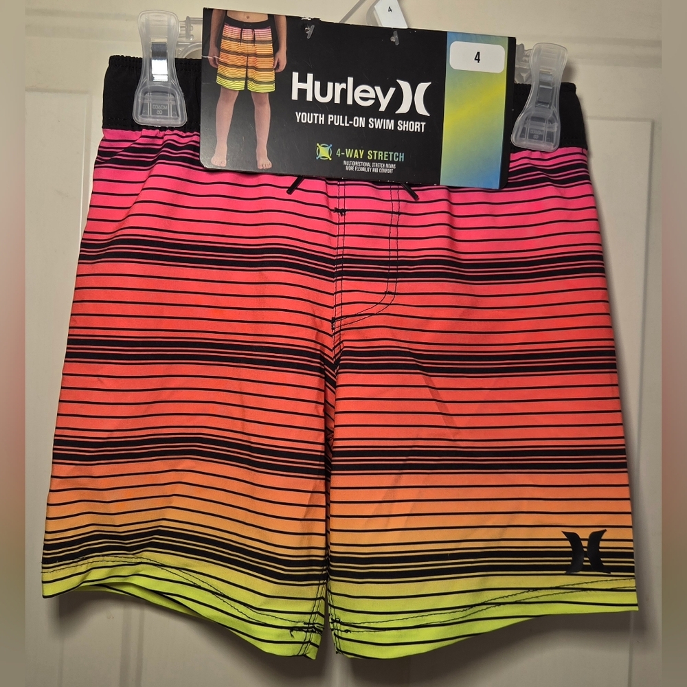Hurley Boy's Striped Swim Shorts - Pink, Orange, Yellow Size 4 NWT